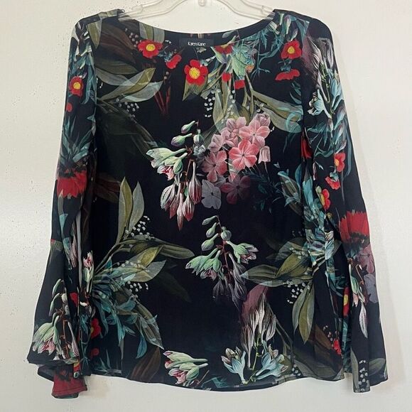 Karen Kane Floral Blouse Small Black Realistic Graphics Bell Sleeve Made in USA - Picture 3 of 9